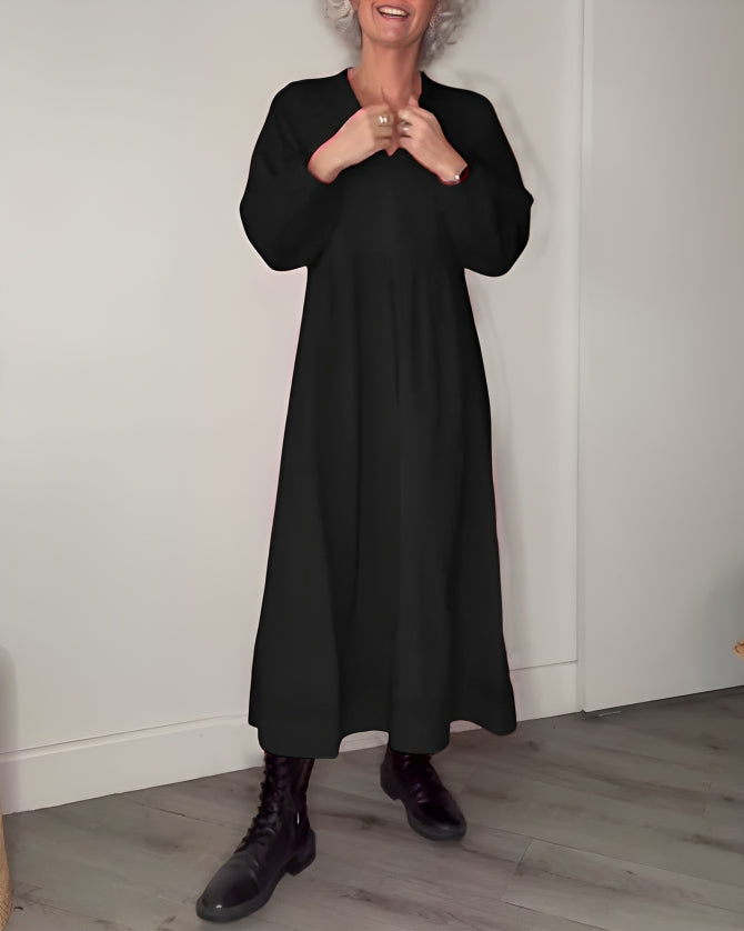Ladies Long Dress with V-Neck and Long Sleeves