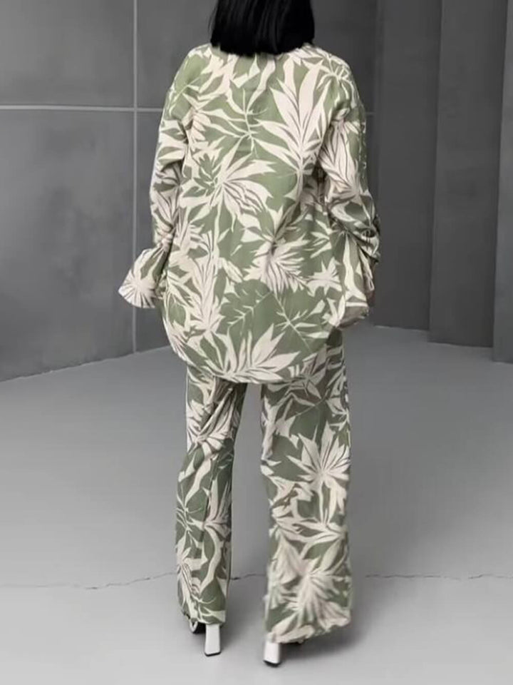 Palm Leaf Printed Elastic Waist Wide Leg Pant Set, view 2 - Elena Harper
