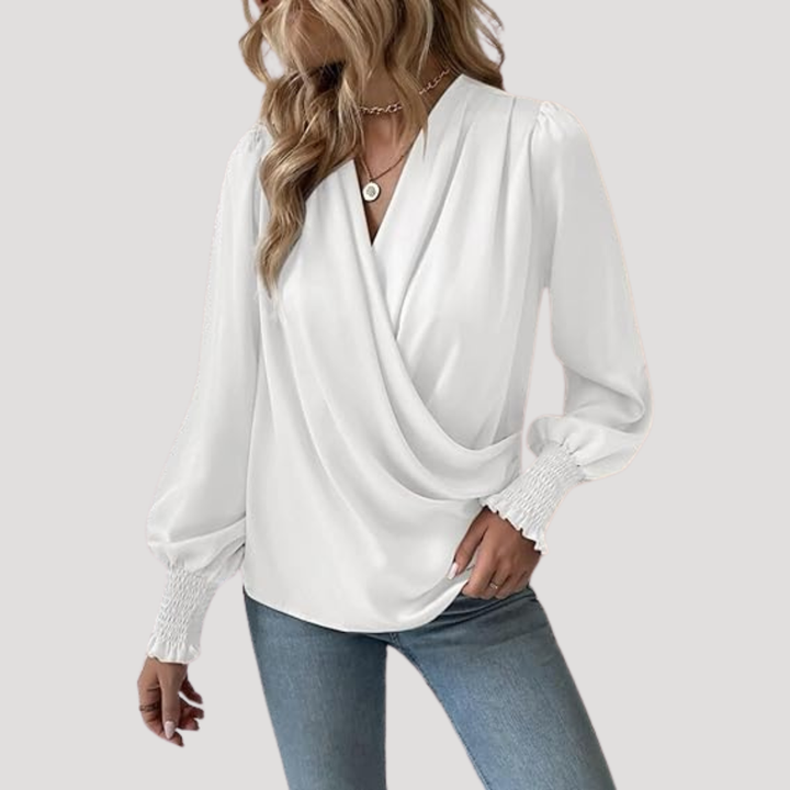 Elegant Women's Wrap Blouse with Puff Sleeves