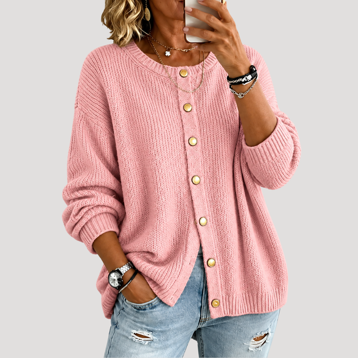 Women's Round Neck Cardigan with Front Buttons