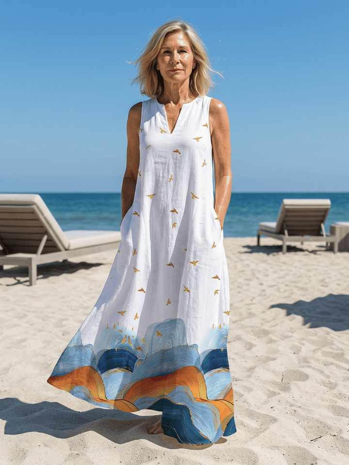 Caelia™ Calm Line Maxi Dress by Emma & Rose Cape Town, flowing lightweight fabric, elegant V-neck, sleeveless design, soft pastel color