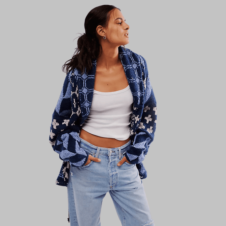 Emma & Rose Cape Town Portia™ long sleeve oversized cardigan, soft knit fabric, draped fit, and cozy design displayed in the image.