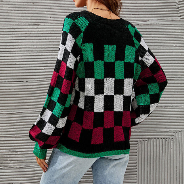 Contrast Color Checked Pullover