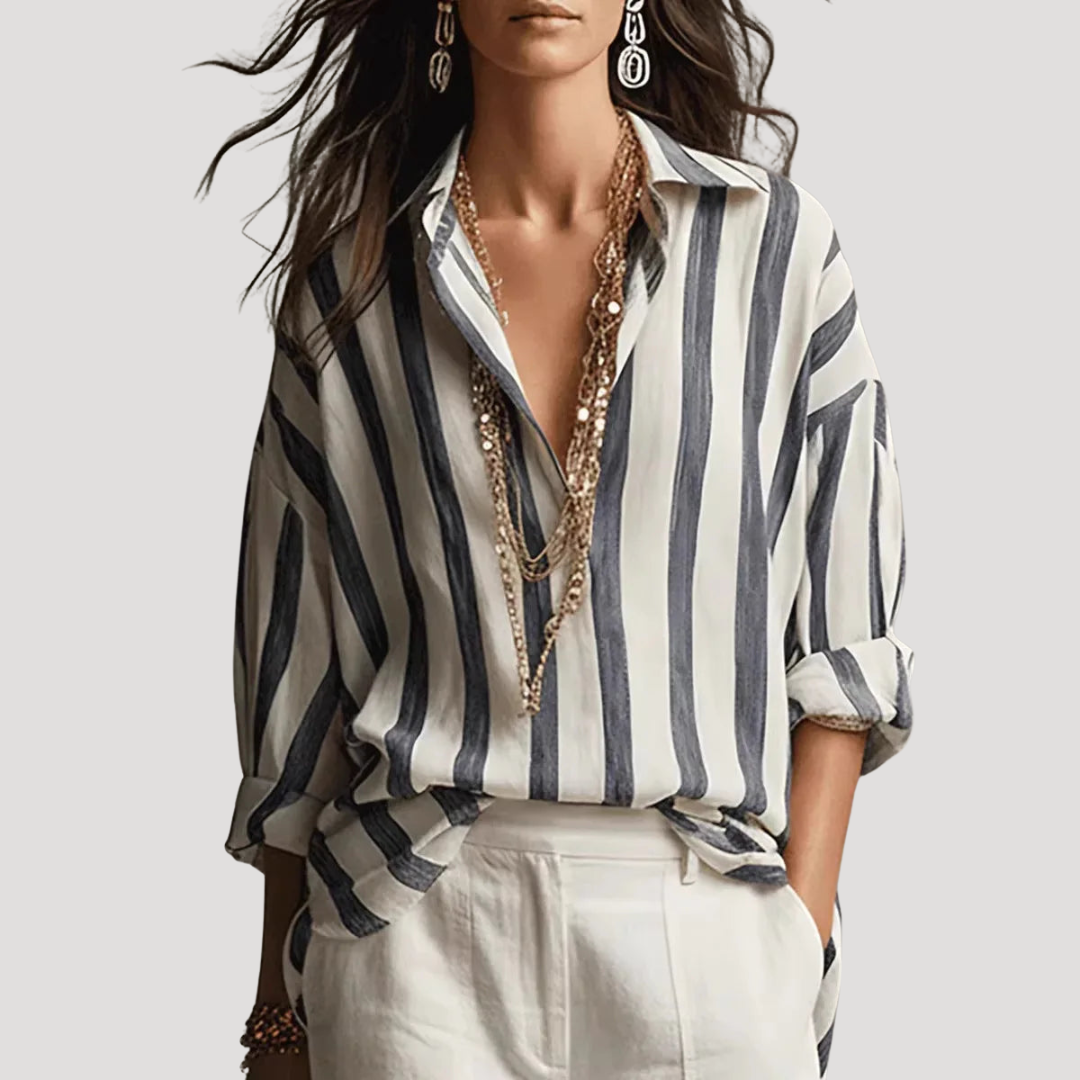 Women’s Bohemian Striped Blouse with Roll-up Sleeves