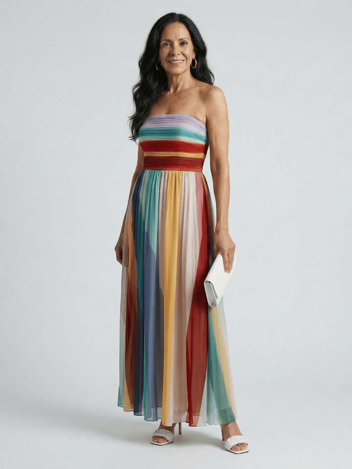 Emma & Rose Cape Town Serene™ Light Stripe Maxi Dress with flowing fabric and soft pastel stripes, full-length design.