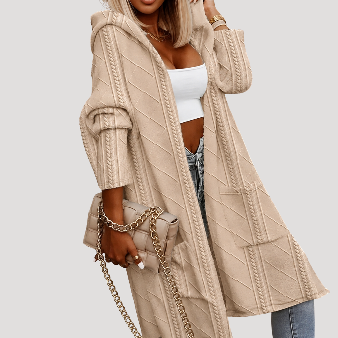 Long Hooded Cardigan for Women in Twisted Knit