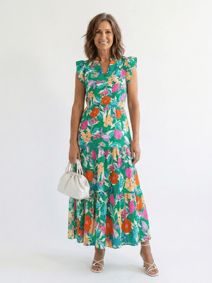 Lila™ V-neck tiered midi dress by Emma & Rose Cape Town, featuring a flowy, layered design and stylish V-neck neckline.