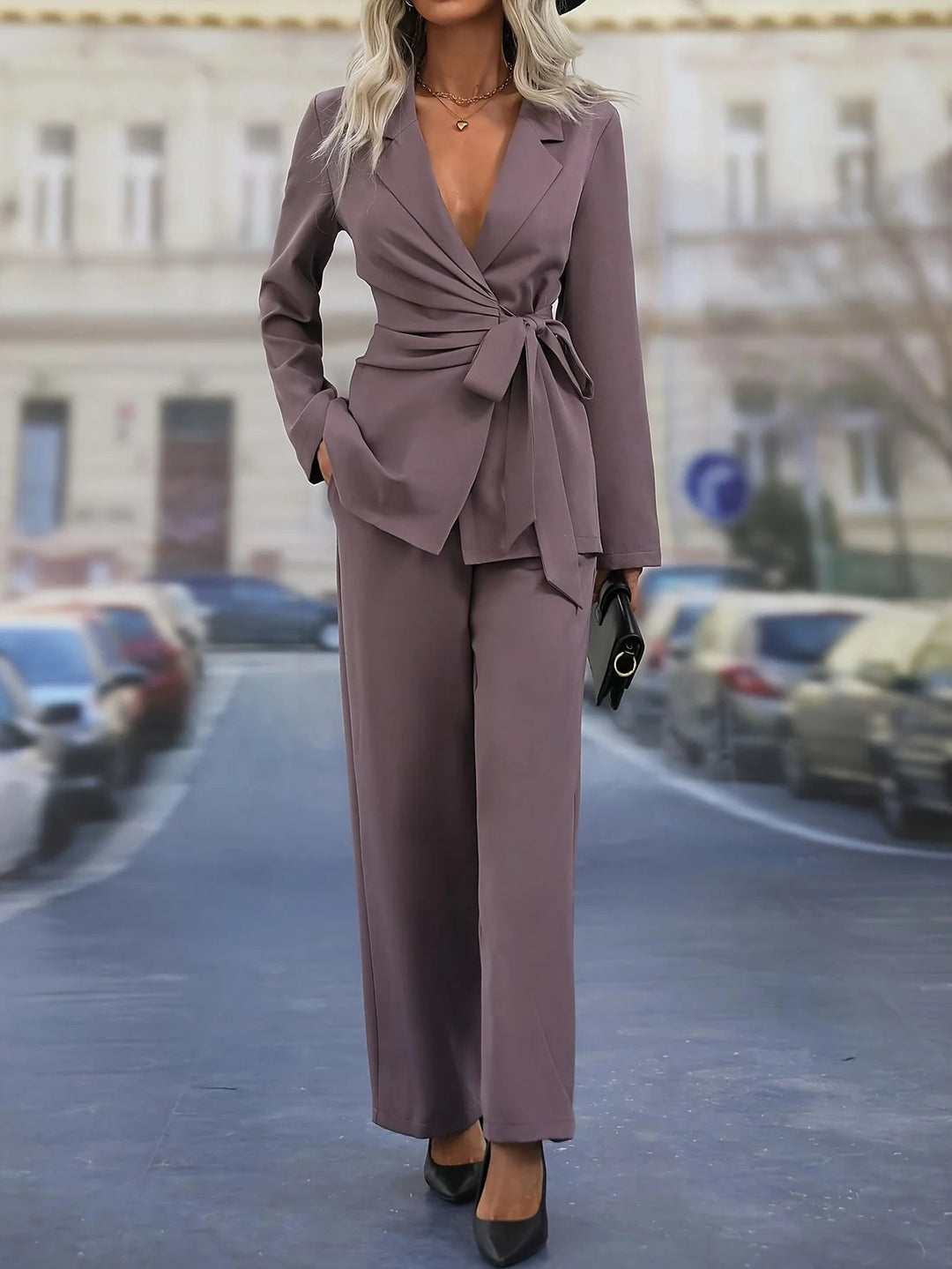 Women's Blazer Pants Set with Belted Wrap Jacket