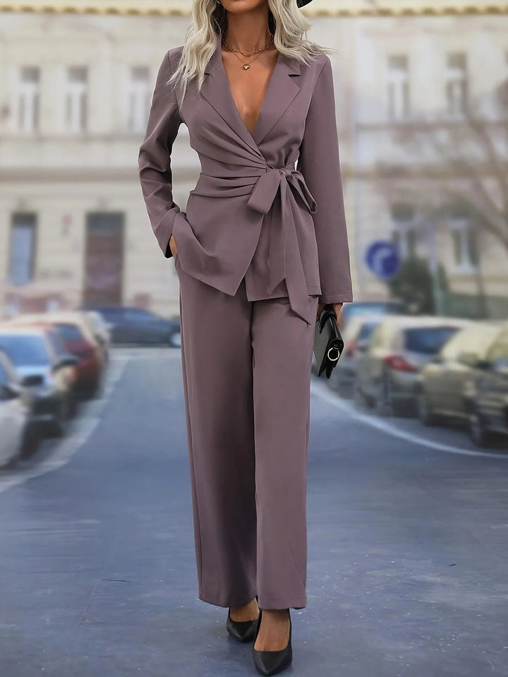 Women's Blazer Pants Set with Belted Wrap Jacket