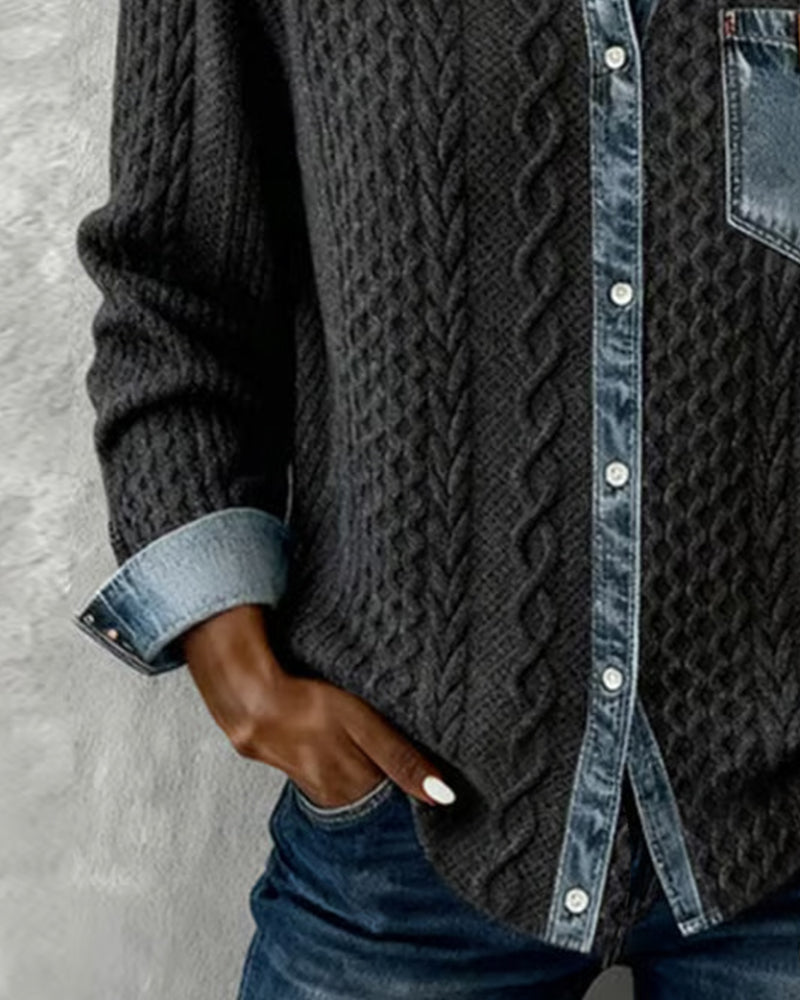 Twisted Knit Shirt with Denim Details for Chic and Comfortable Women, view 3 - Elena Harper