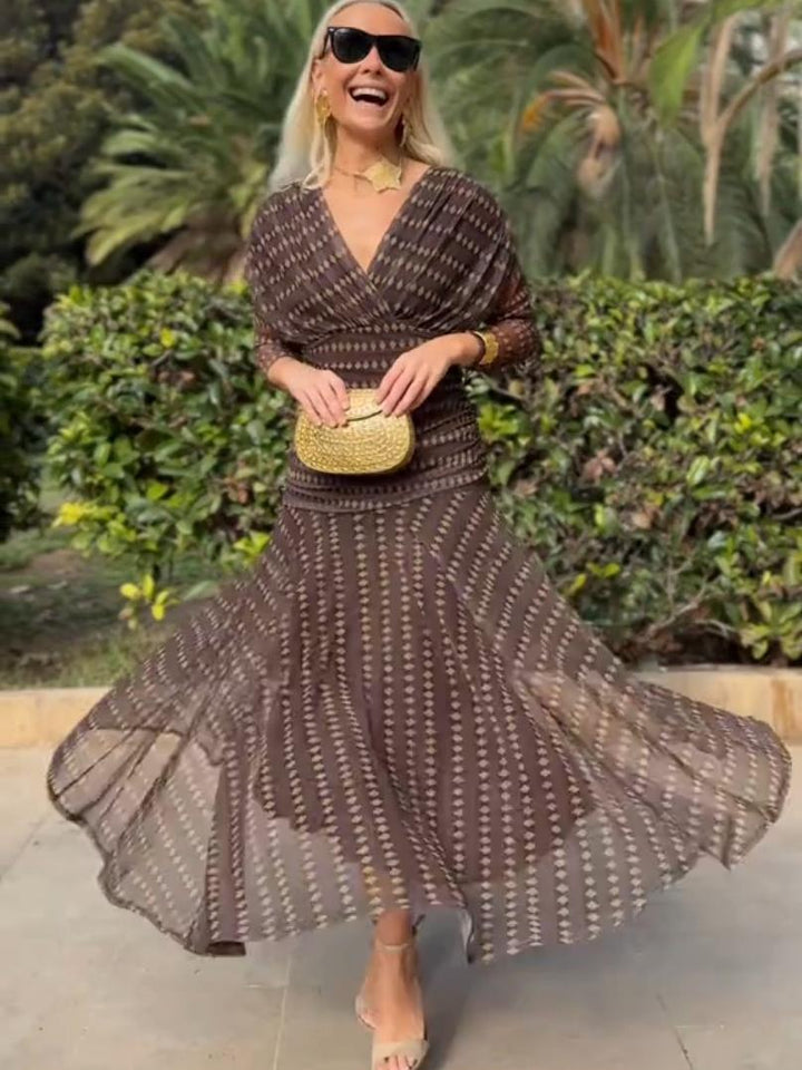 Bohemian Patterned V Neck Mesh Maxi Dress