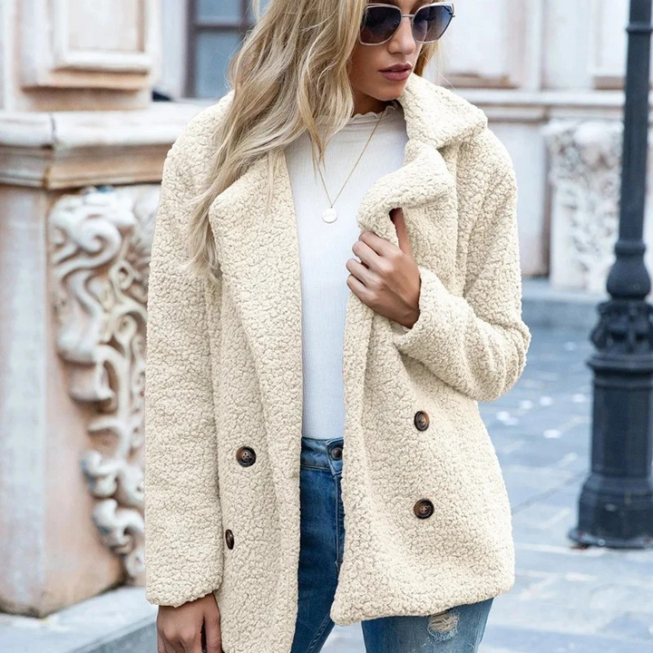 Ladies Teddy Coat Double-Breasted with Wide Lapel Oversized
