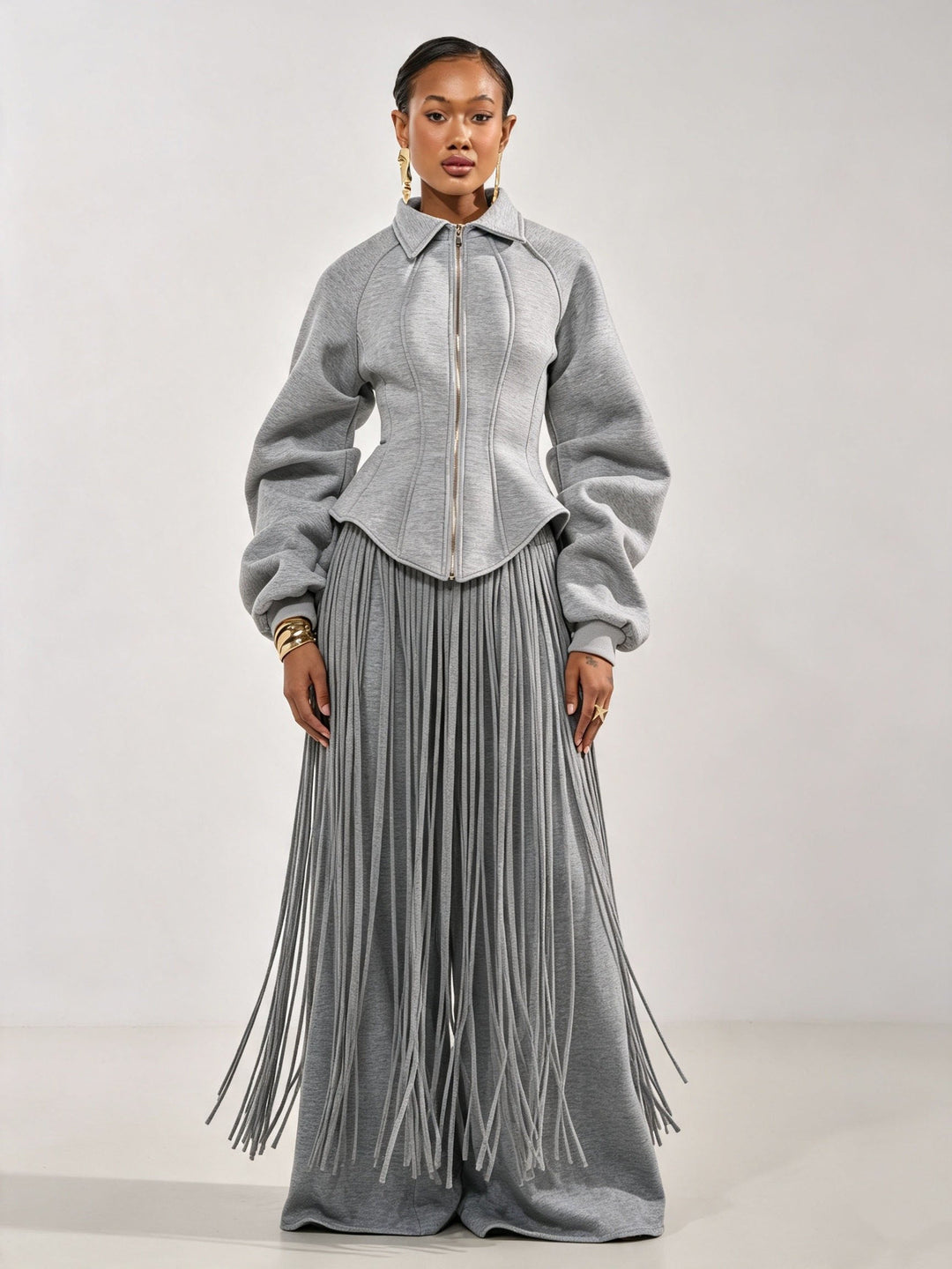 Sculptural Jacket & Fringe Wide-Leg Jogger Set