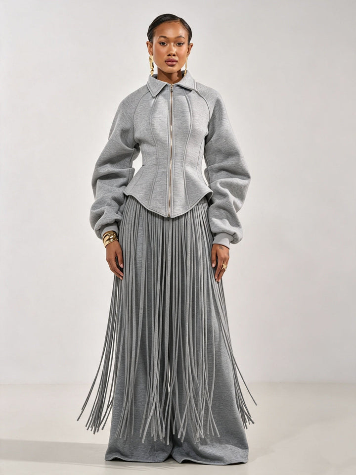 Sculptural Jacket & Fringe Wide-Leg Jogger Set