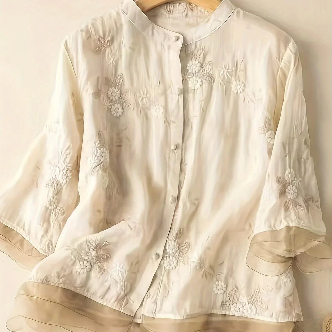 Embroidered Flower Blouse Eliza Button Closure Stylish - Elena Harper