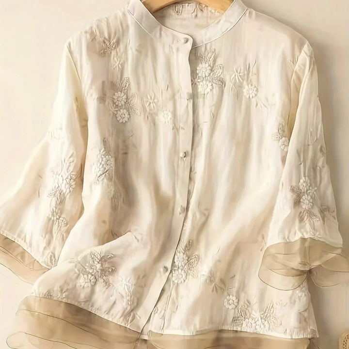 Embroidered Flower Blouse Eliza Button Closure Stylish - Elena Harper