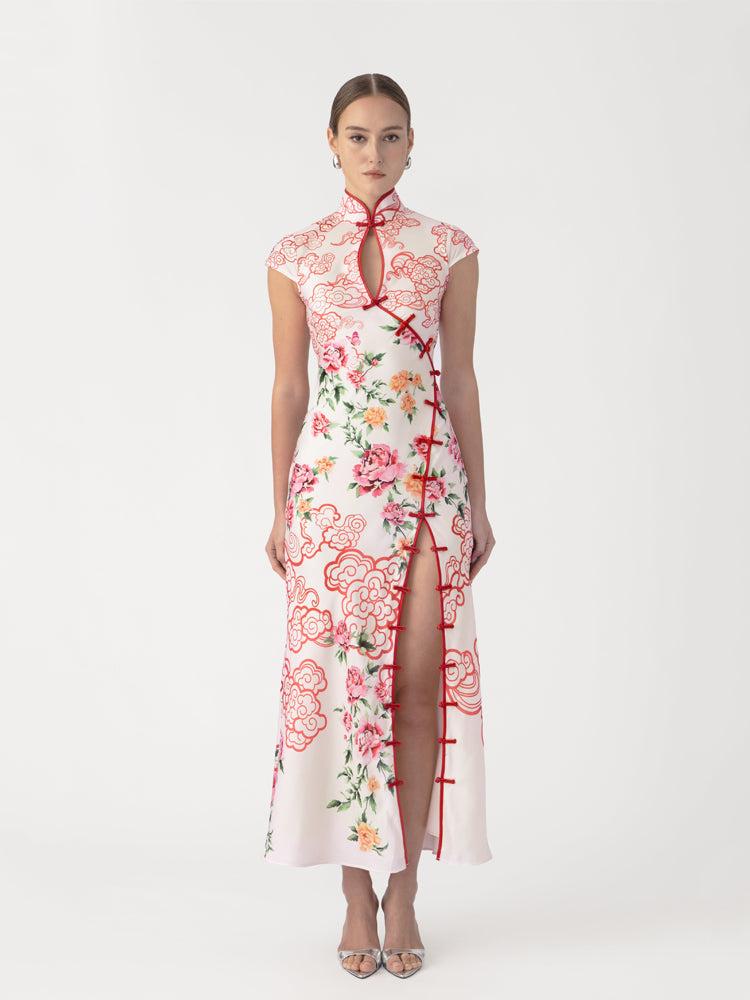 Cloud Peony Print Cheongsam Dress