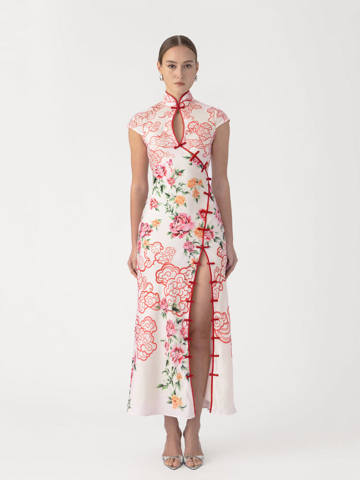 Cloud Peony Print Cheongsam Dress