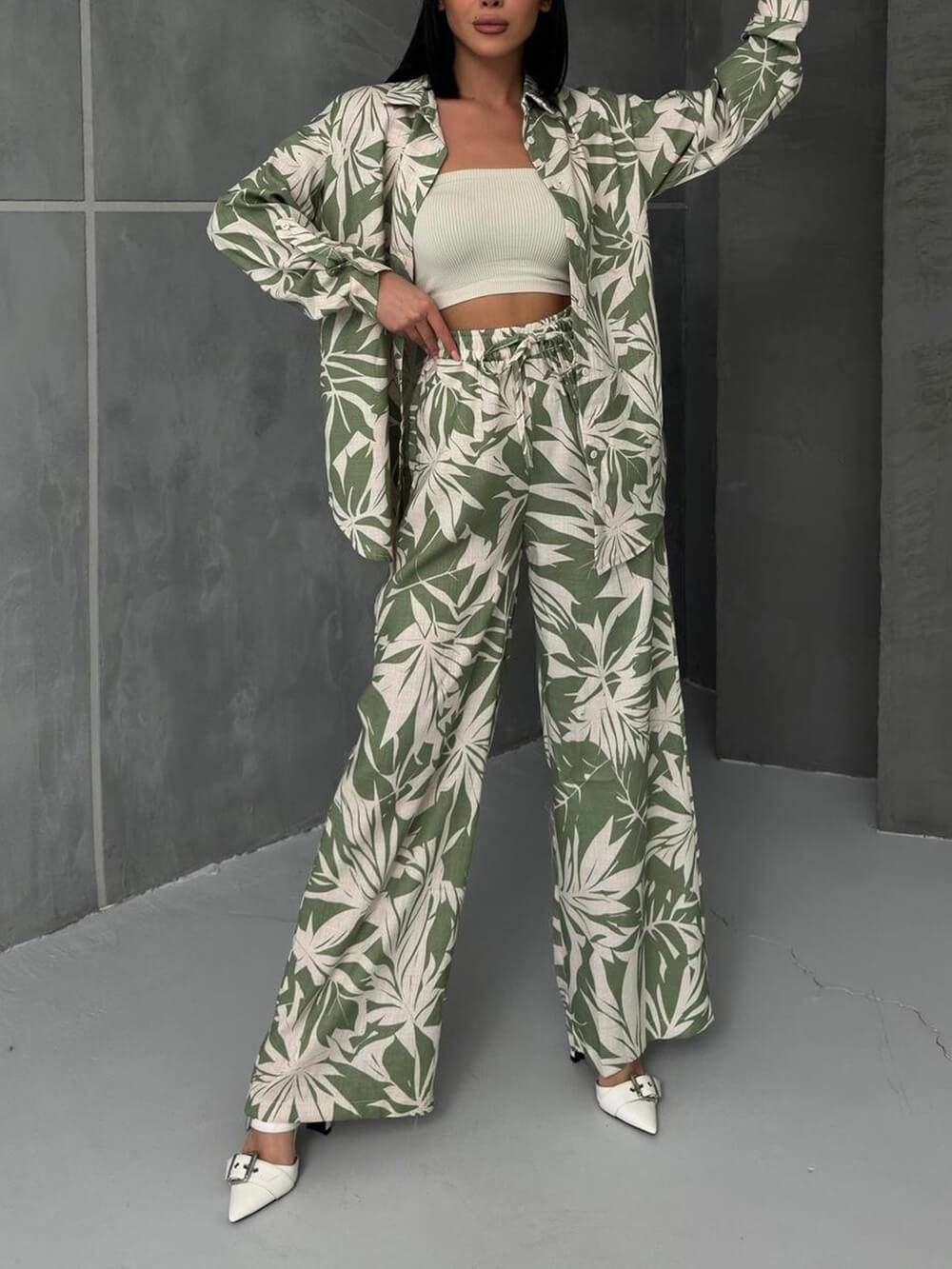 Palm Leaf Printed Elastic Waist Wide Leg Pant Set - Elena Harper