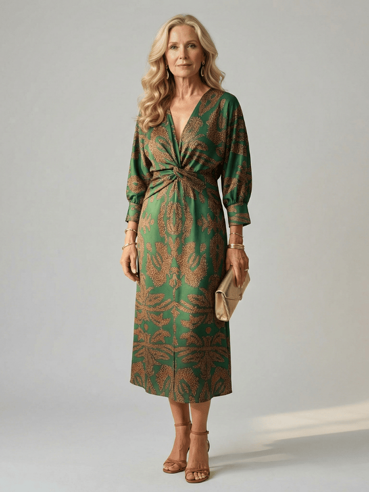 Emma & Rose Cape Town Lune™ Natural Wrap Midi Dress, showcasing soft fabric, elegant wrap design, and midi length.