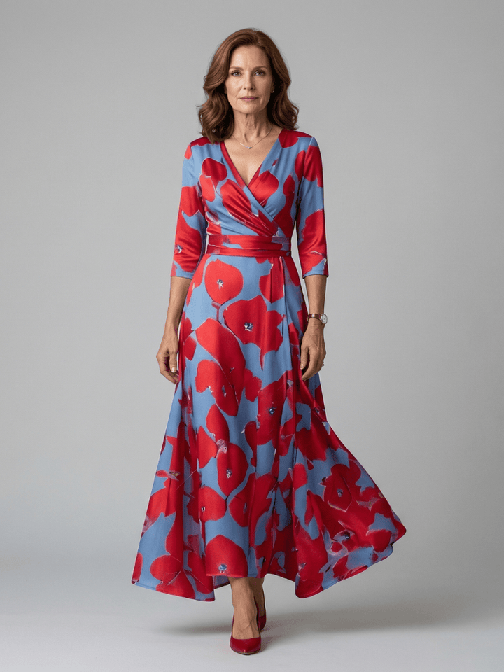 Celine™ wrap neck midi dress in soft fabric, featuring a stylish wrap design and elegant silhouette, worn by a model.