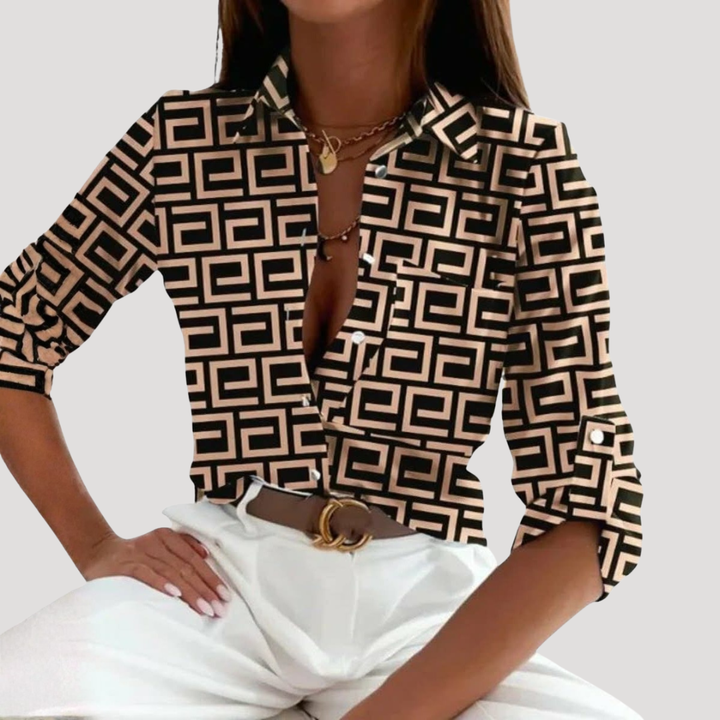 Chic Women's Blouse with Geometric Pattern and Shirt Collar