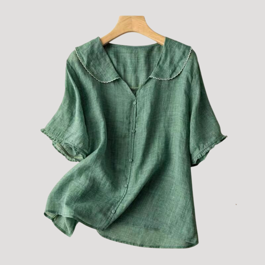 Women's Linen Blouse with Puff Sleeves Casual