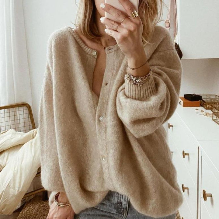 Women's Beige Button-Up Cardigan with Ribbed Trim