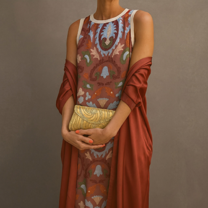 Daniela Long Printed Dress with Matching Vest, view 6 - Elena Harper
