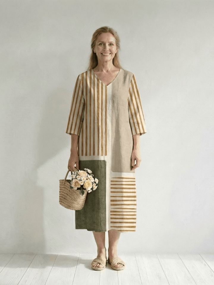 Soren™ mixed stripe midi dress by Emma & Rose Cape Town, showing a stylish knee-length dress with colorful stripes and a fitted silhouette.