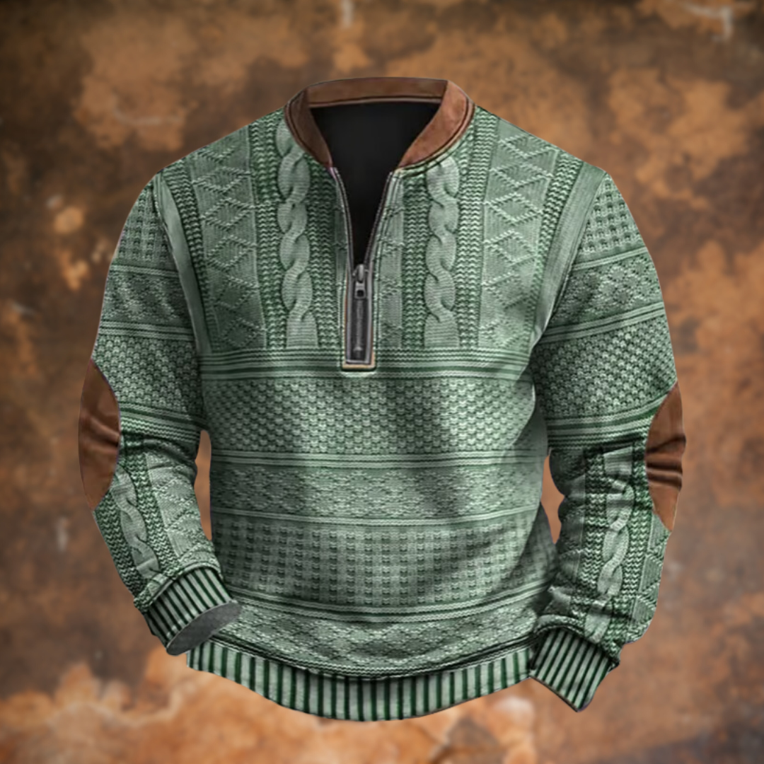 Men's Knitted Jumper with Half Zip and Elbow Patches