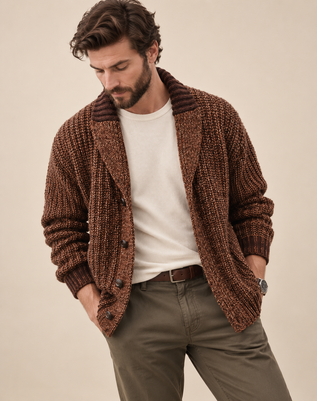 Men's Robust Knitted Cardigan with Shawl Collar and Buttons