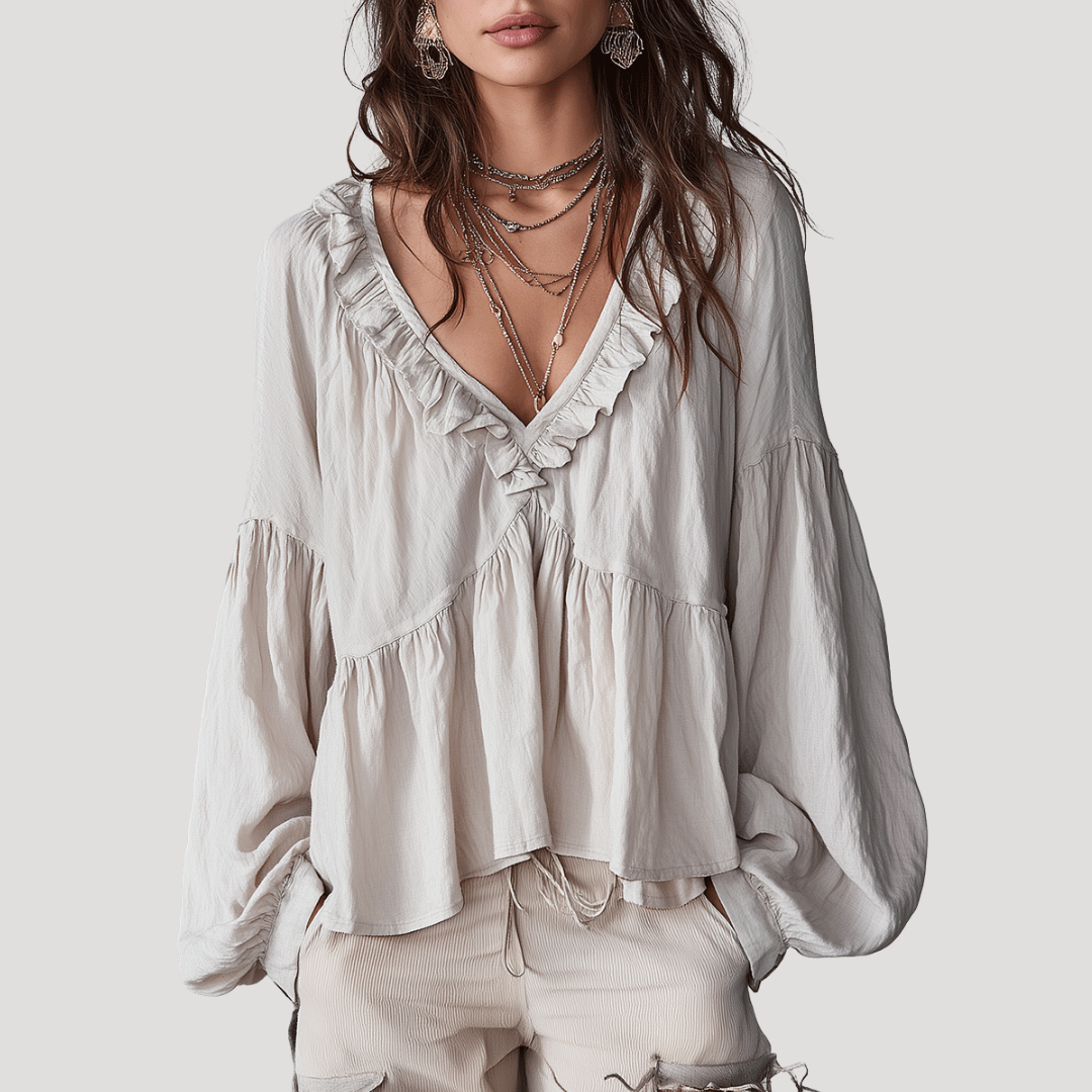 Women's V-Neck Blouse with Ruffles and Long Sleeves
