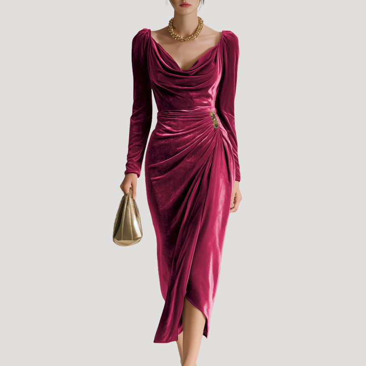 Draped Velvet Dress for Women with Long Sleeves - Elegant