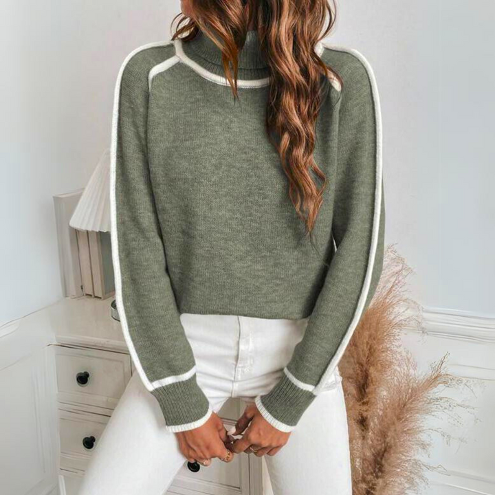 Ladies Knitted Sweater Olive Green, Long Sleeve, Casual Sweater for Autumn/Winter, view 4 - Elena Harper