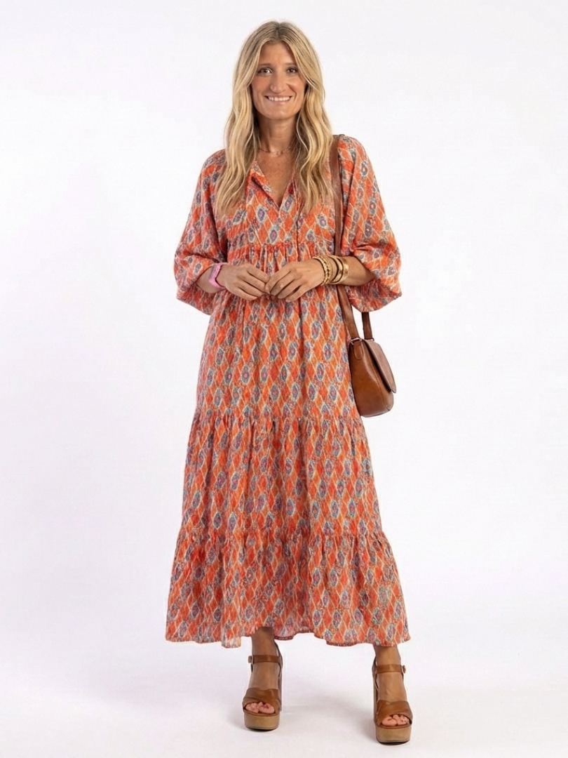 Amara Geometric Print V Neck Tiered Midi Dress - Elena Harper