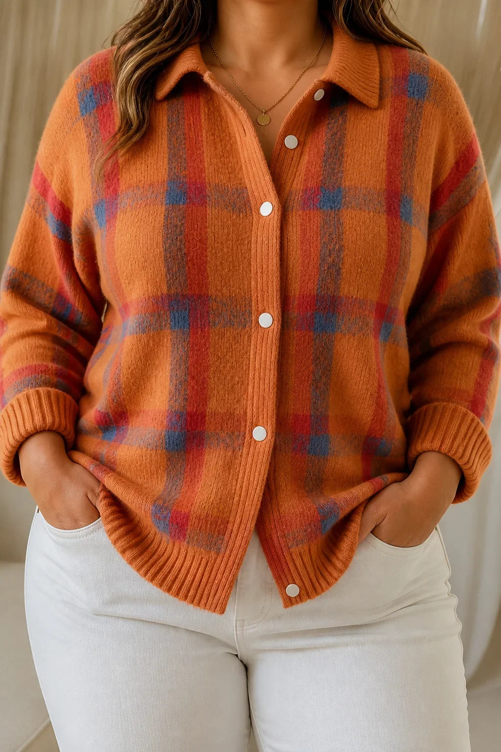 Women's Plaid Button-Front Cardigan with Ribbed Trim - Elena Harper