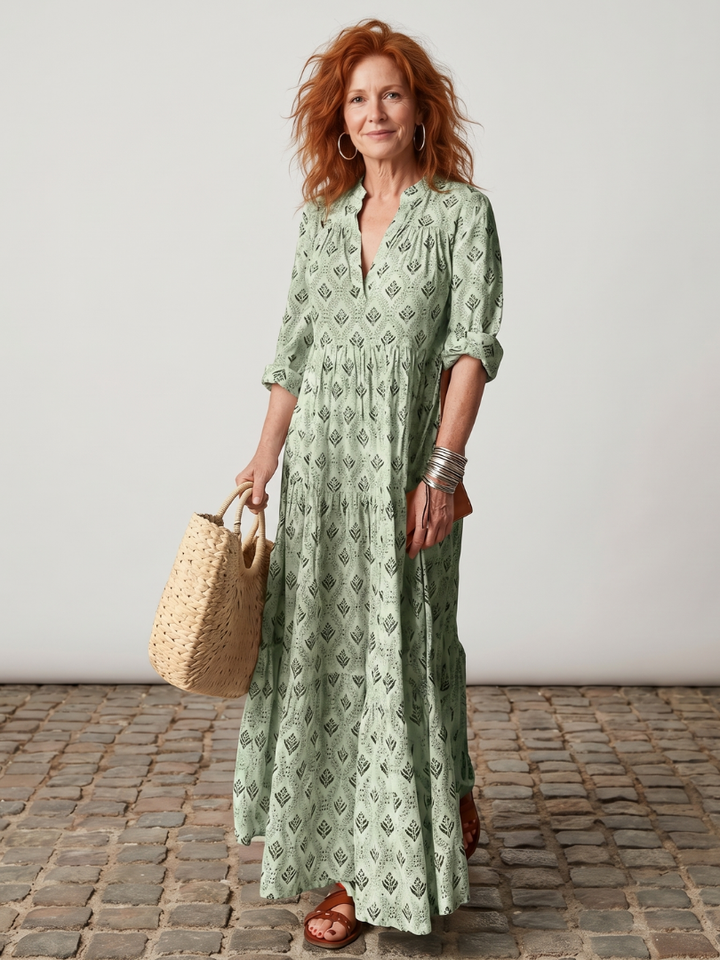 Women's Notch Neck Printed Long Sleeve Maxi Dress - Elena Harper