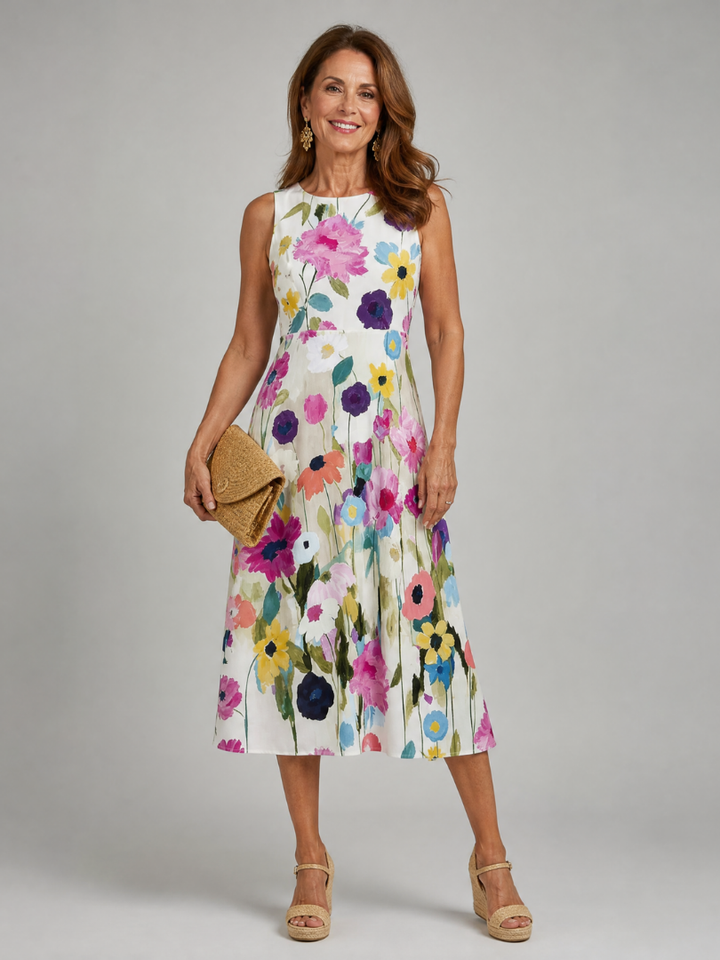Women's Vibrant Floral Print Sleeveless Midi Dress - Elena Harper