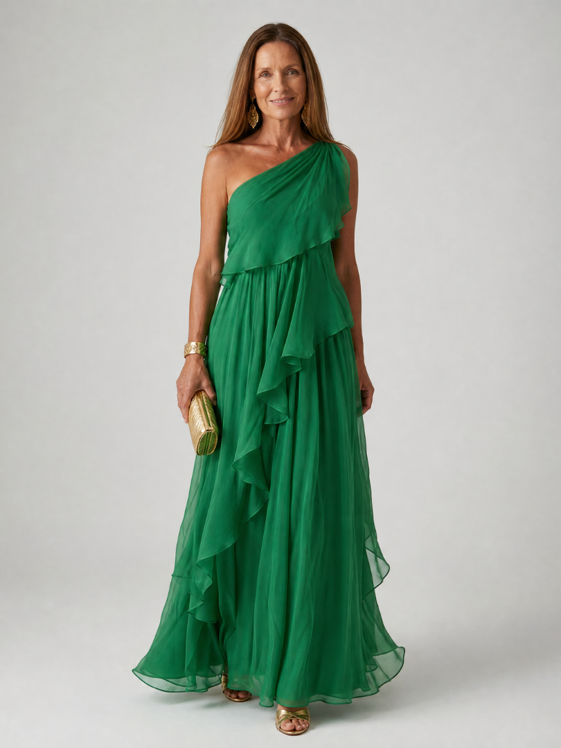Asymmetrical Maxi Dress for Women with Ruffles in Chiffon, view 5 - Elena Harper