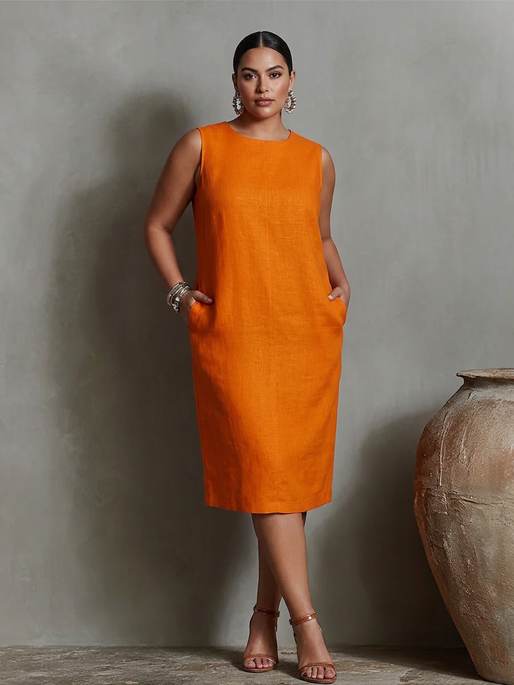 Women's Sleeveless Shift Midi Dress with Side Pockets - Elena Harper