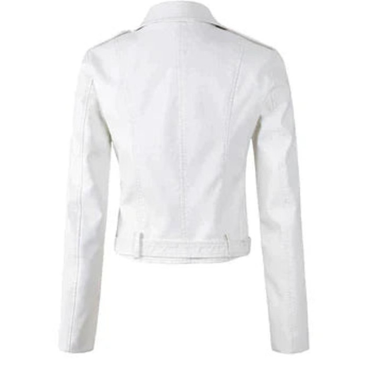 Cropped Belted Asymmetric Faux Leather Jacket, view 5 - Elena Harper