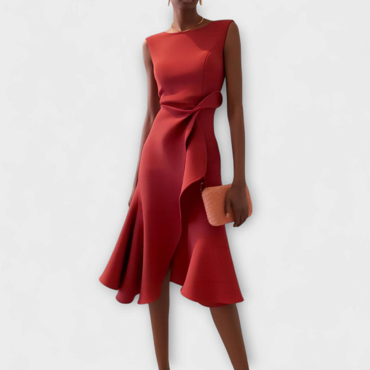 Darlene™ sophisticated midi dress by Emma & Rose Cape Town, shown in elegant black with a fitted waist and flowing skirt.