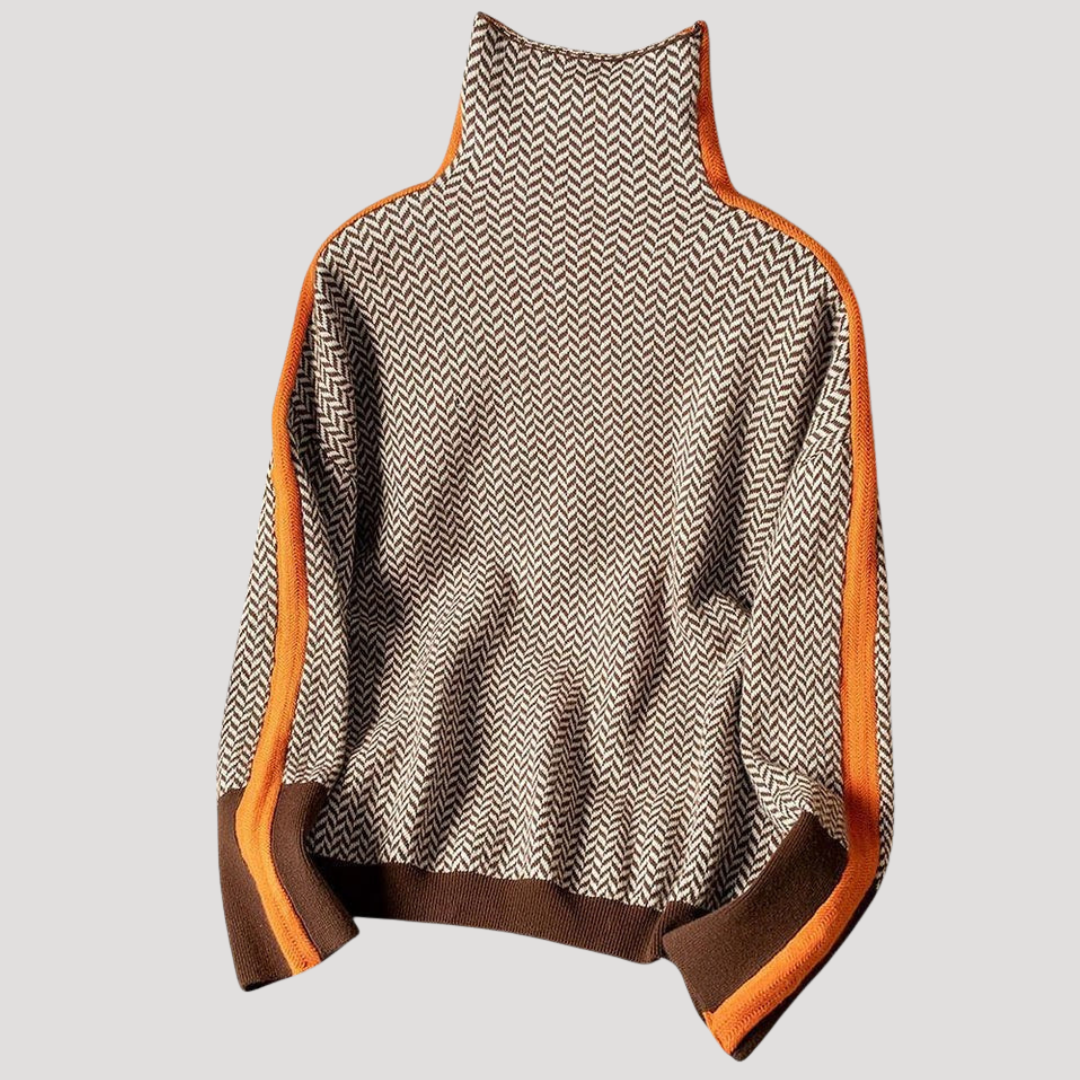 Women's Jacquard Roll Neck Sweater with Contrasting Sleeves