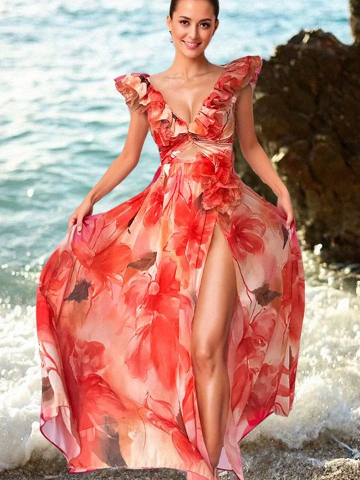 Ruffle Trim Vacation Print Swimsuit Set