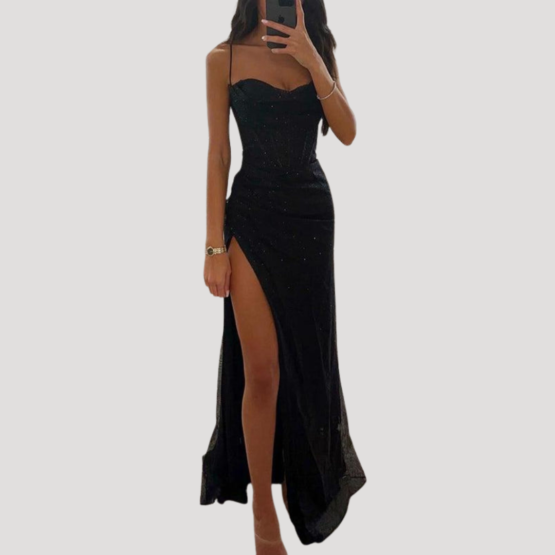 Elegant Long Evening Dress with Slit and Thin Straps