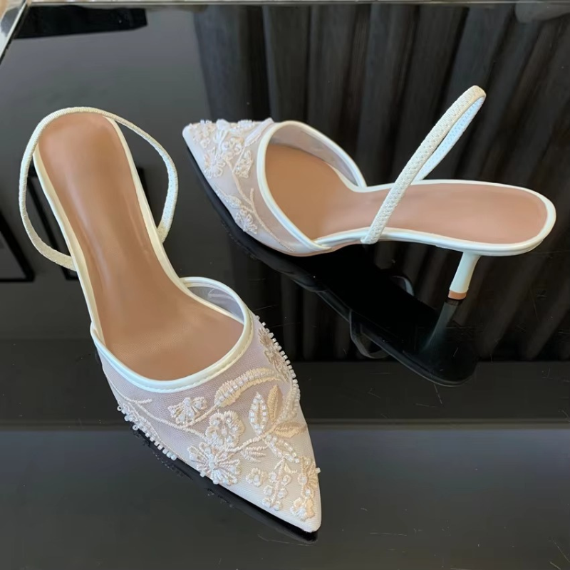 Embroidered Mesh Slingback Kitten Heels Pointed Toe