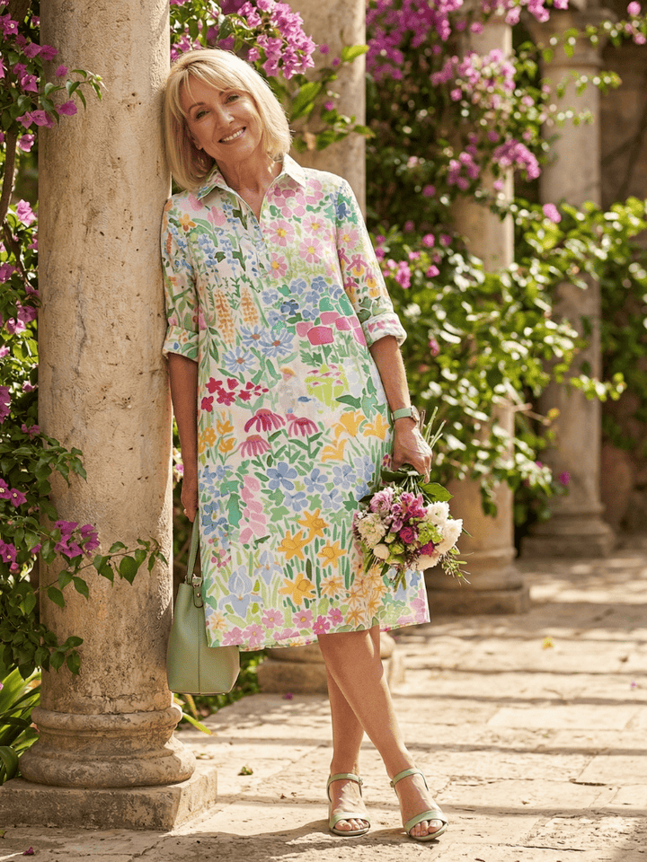 Leontine™ floral day dress by Emma & Rose Cape Town, featuring a lightweight fabric and vibrant floral pattern.