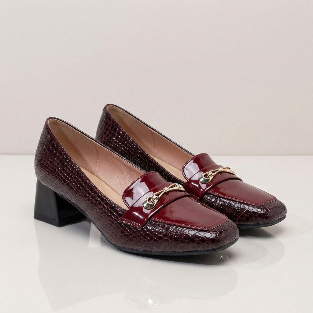 Women's Square Toe Pumps with Crocodile Effect Upper, Glossy Patent Finish, Wide Heel – Elegant Shoes