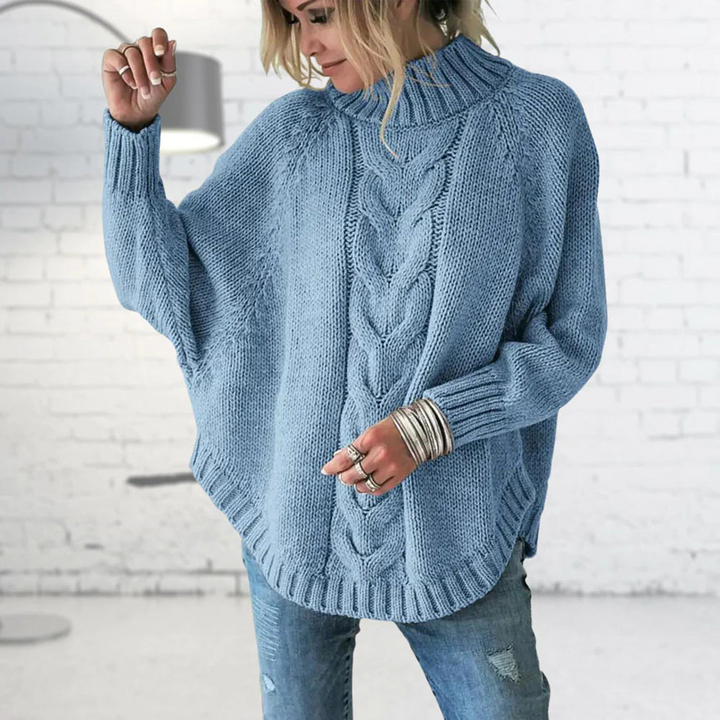 Blue Knit Turtleneck Sweater for Women – Loose and Casual Pullover